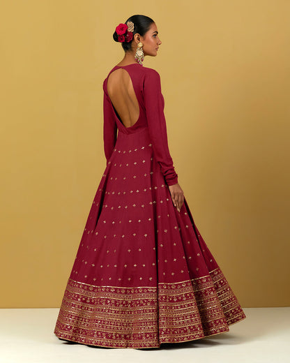 Womens MTO Indijay Maroon Silk Anarkali Set