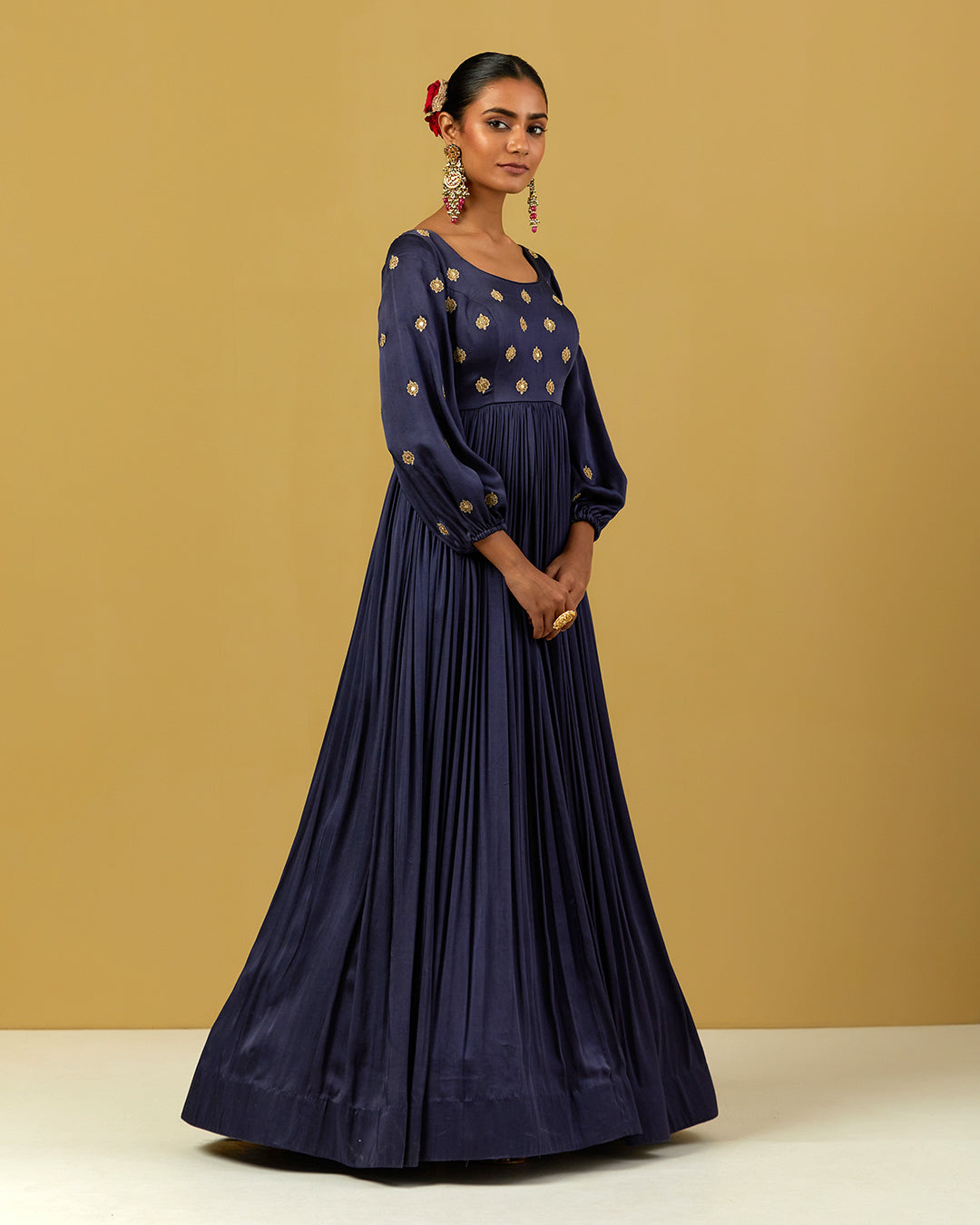 Womens MTO Indijay Navy Blue Satin Anarkali