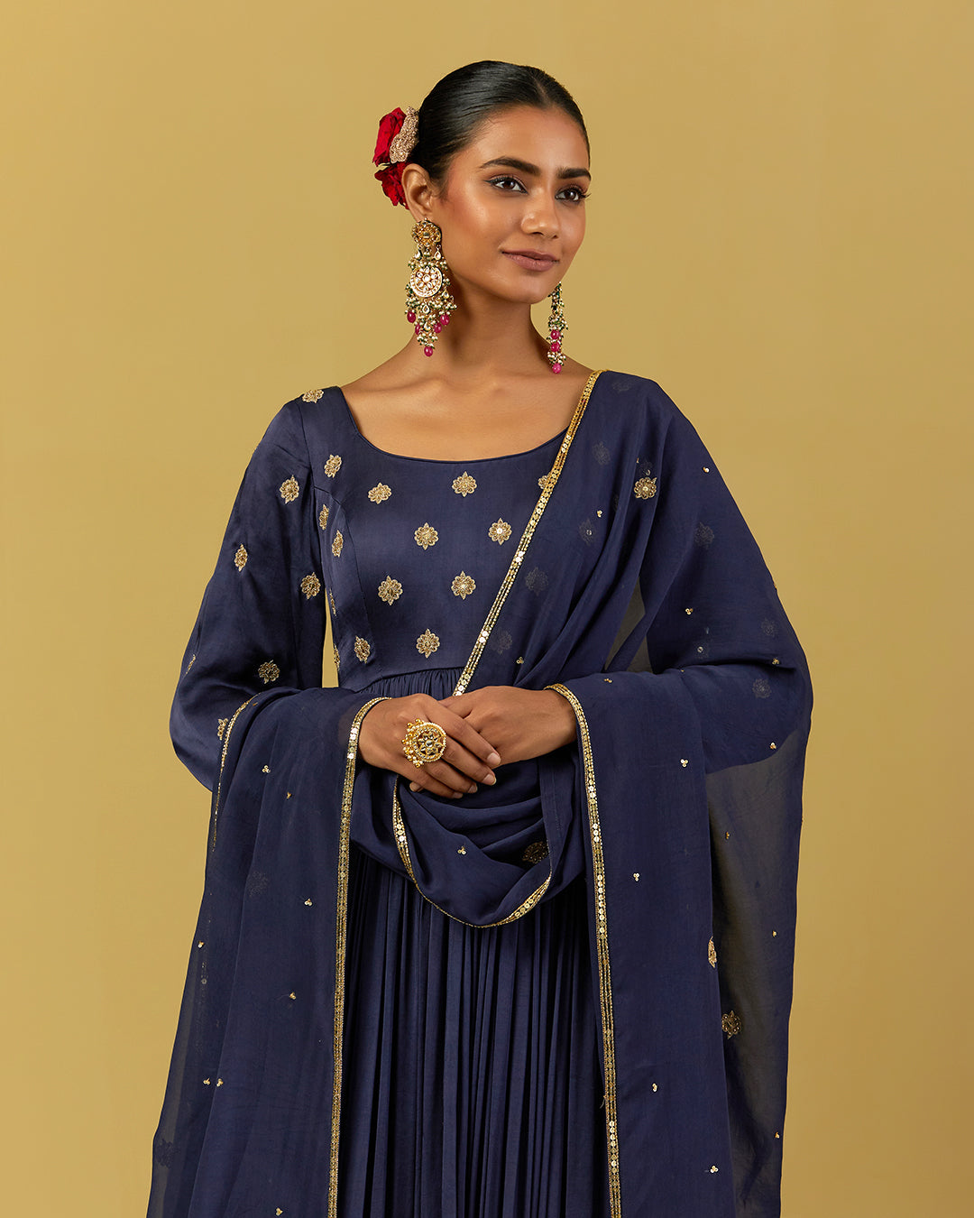 Womens MTO Indijay Navy Blue Satin Anarkali