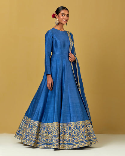 Womens MTO Indijay Blue Rawsilk Anarkali Set