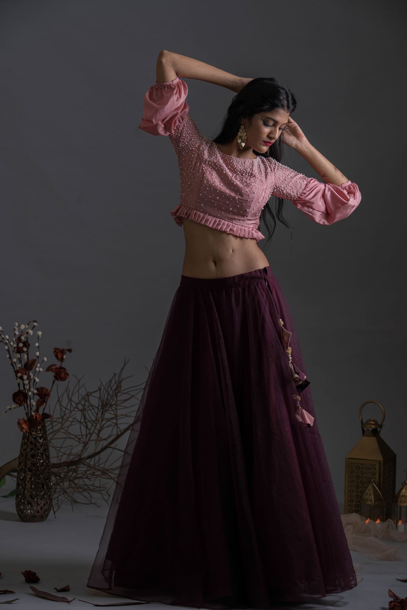 Womens Rosebud Peach Silk Skirt Set