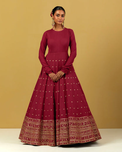 Womens MTO Indijay Maroon Silk Anarkali