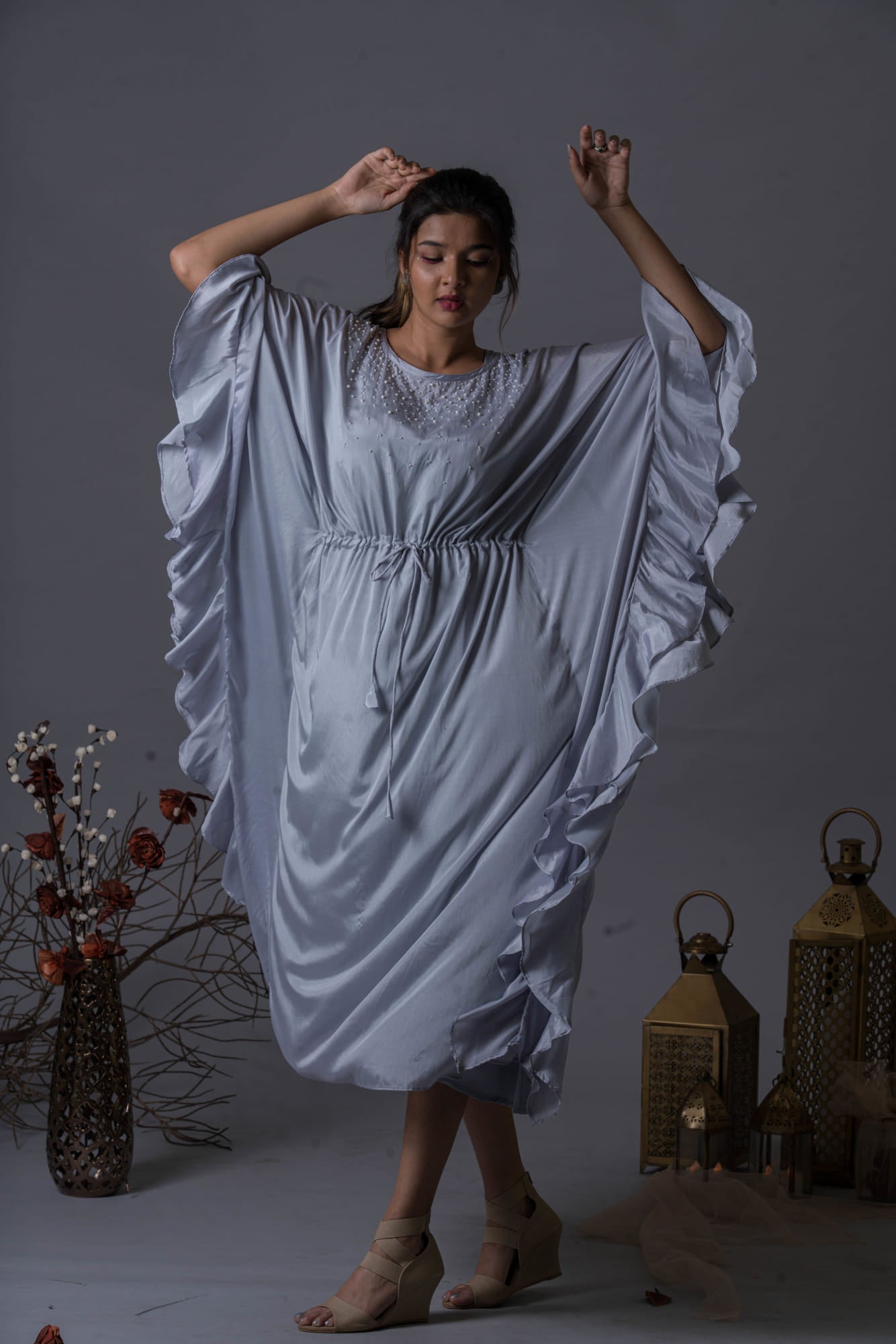 Womens Pearl Blue Silk Kaftan