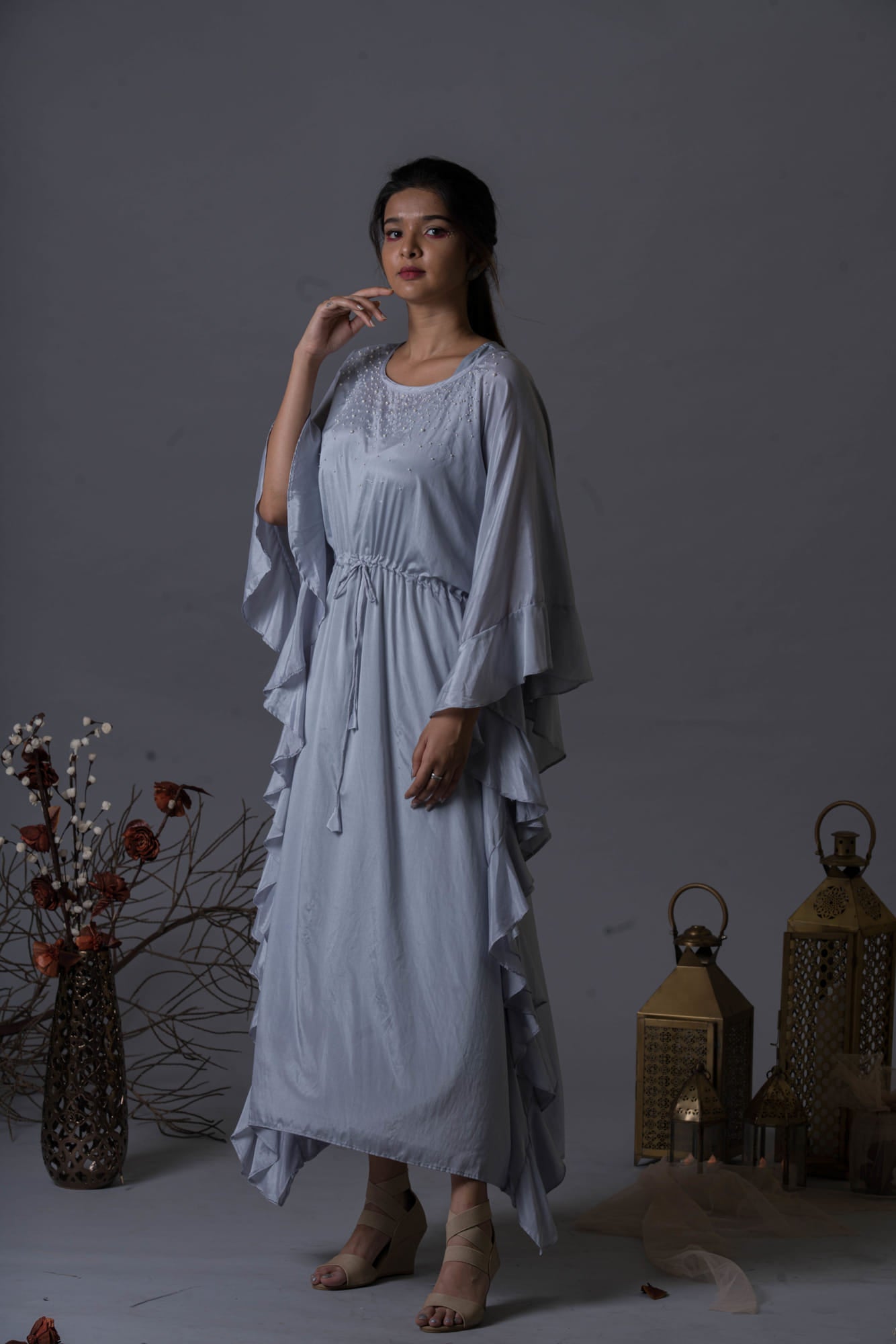 Women Wearing Blue Kaftan.