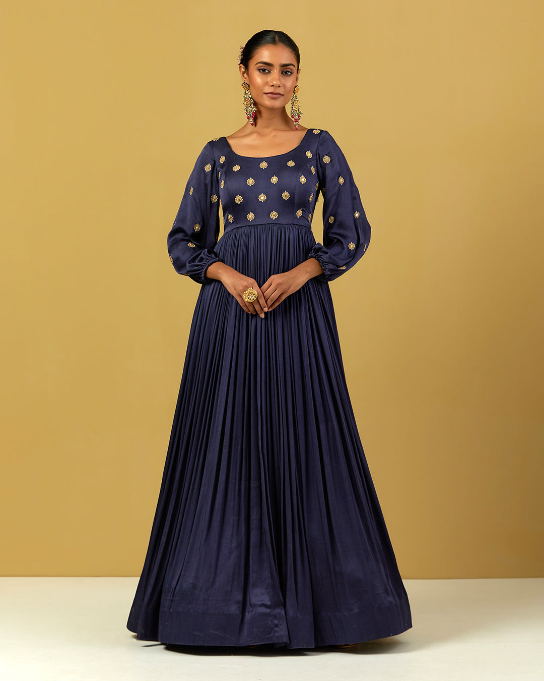 Womens MTO Indijay Navy Blue Satin Anarkali