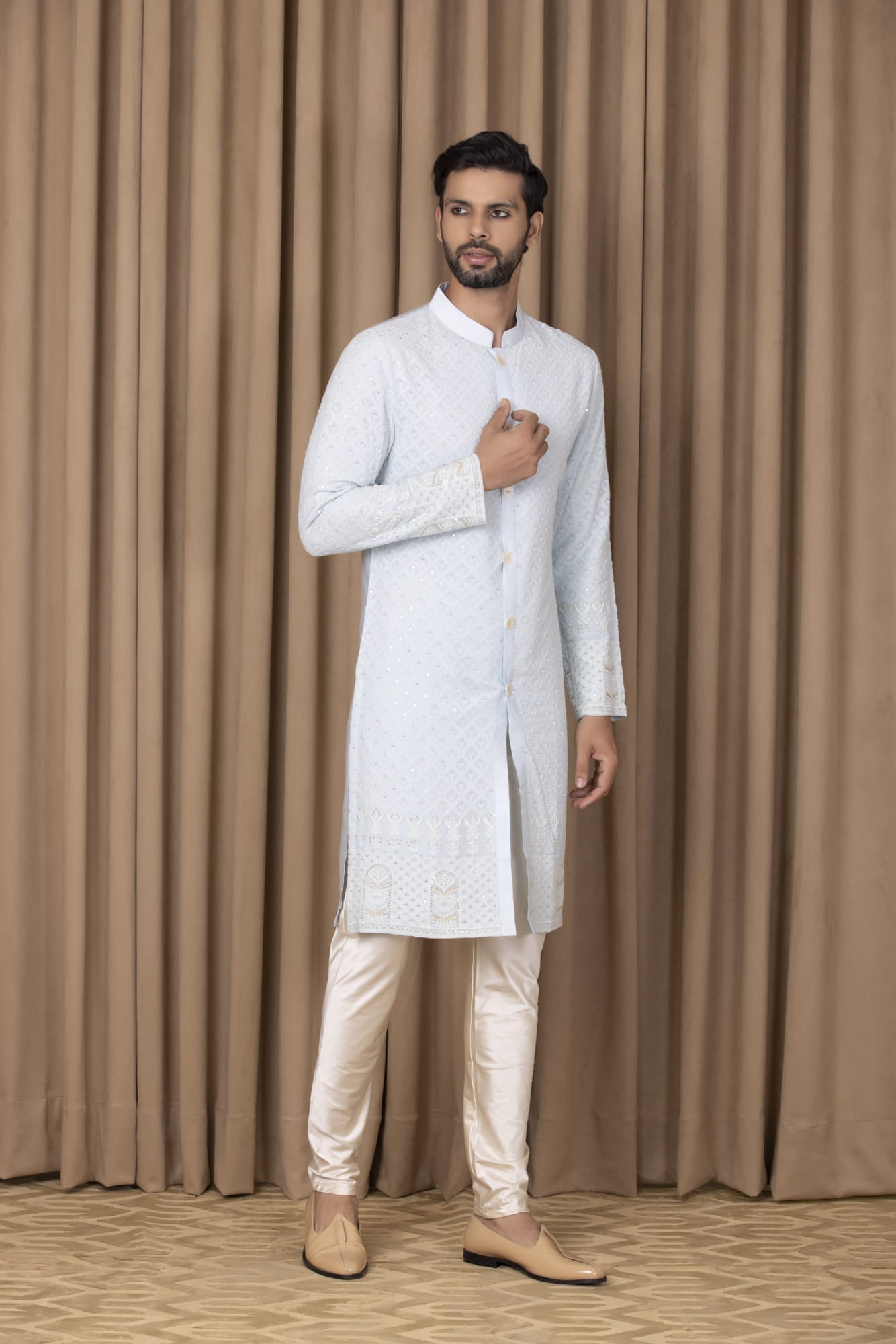 Mens Nasha Arif Powder Blue Georgette Kurta Set