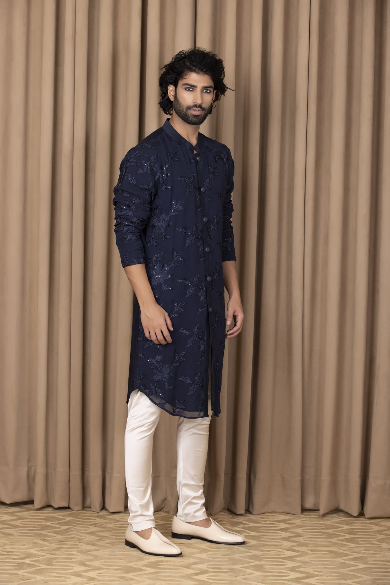 Mens Nasha Sufian Navy Blue Georgette Kurta Set