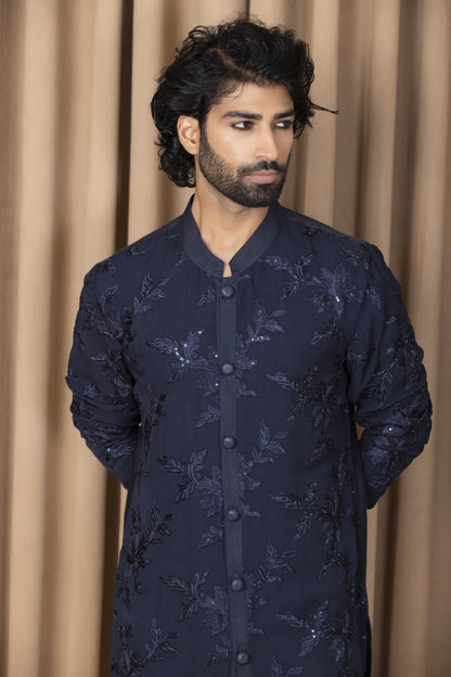 Mens Nasha Sufian Navy Blue Georgette Kurta Set