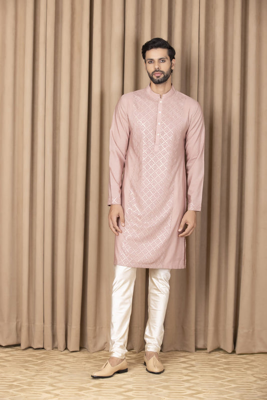 Men Wearing Peach Kurta Set.