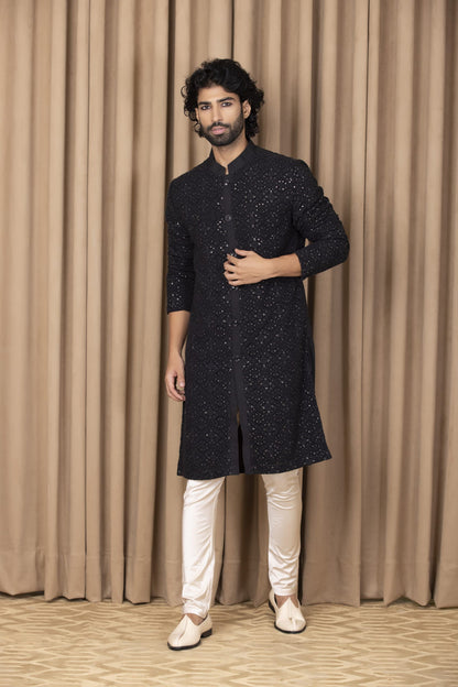 Mens Nasha Umair Black Georgette Kurta Set