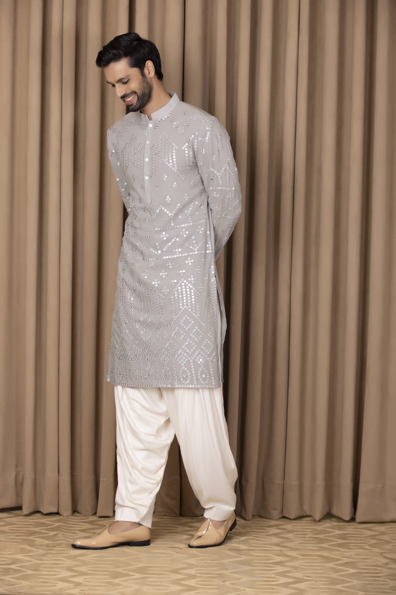 Mens Nasha Imran Steel Grey Georgette Kurta Set