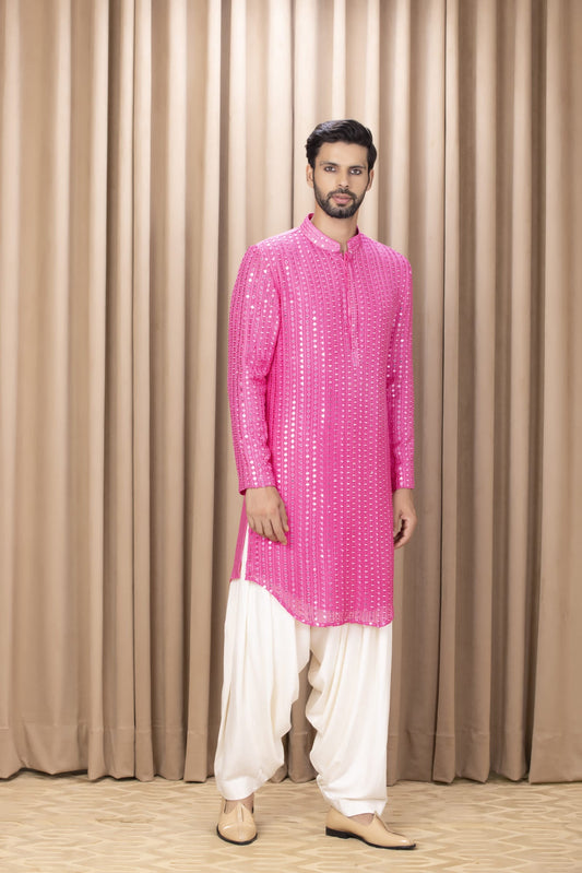 Man Wearing Pink Kurta Set