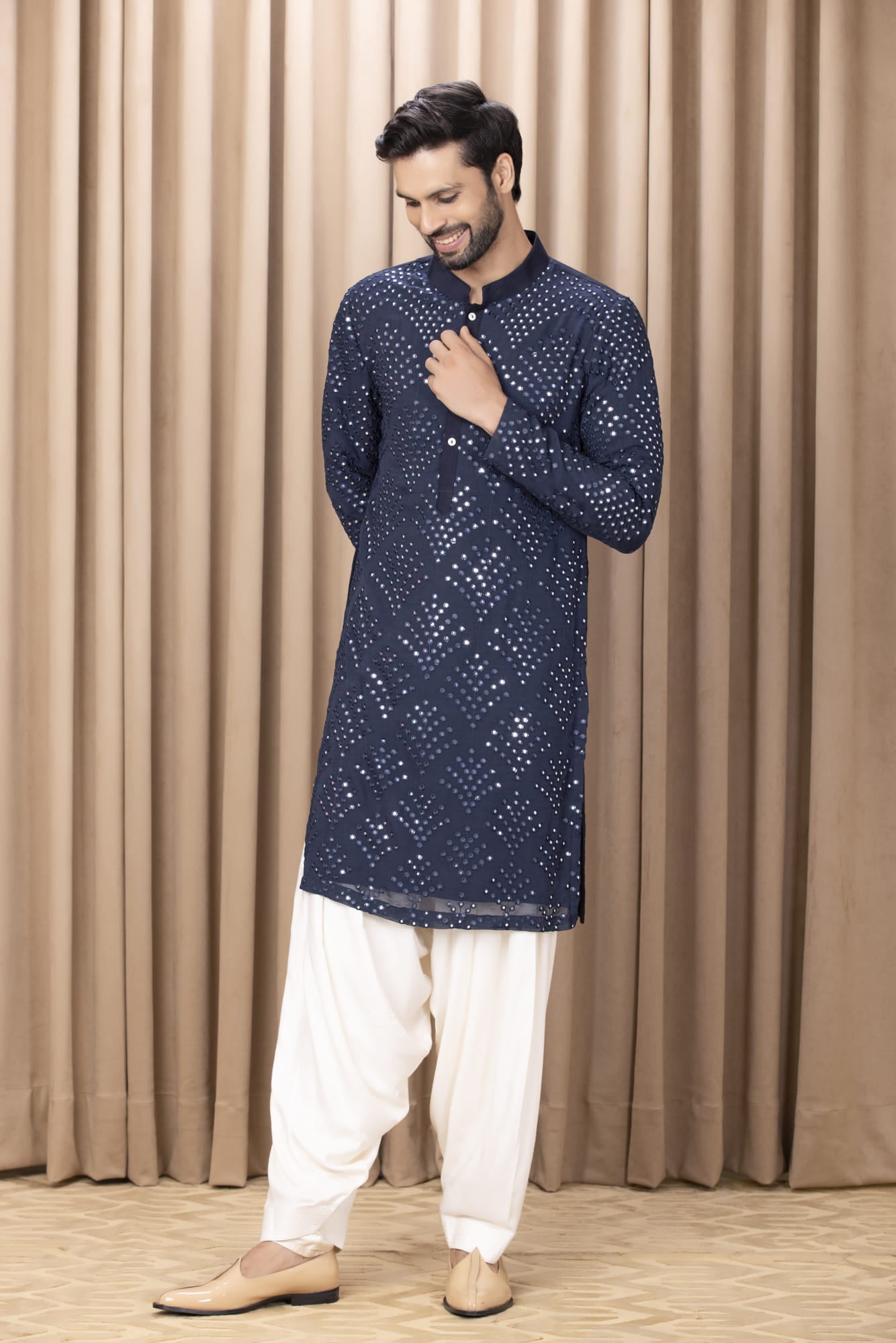 Mens Nasha Rashid Navy Blue Georgette Kurta Set