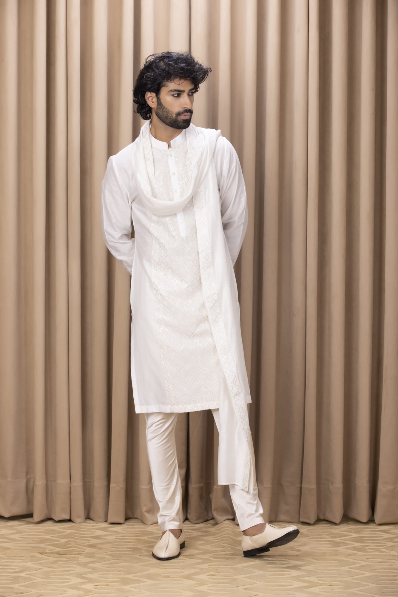 Mens Nasha Ranjha Ivory Georgette Kurta Set