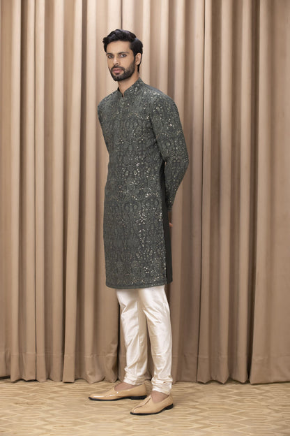 Mens Nasha Aftaab Olive Green Georgette Kurta Set