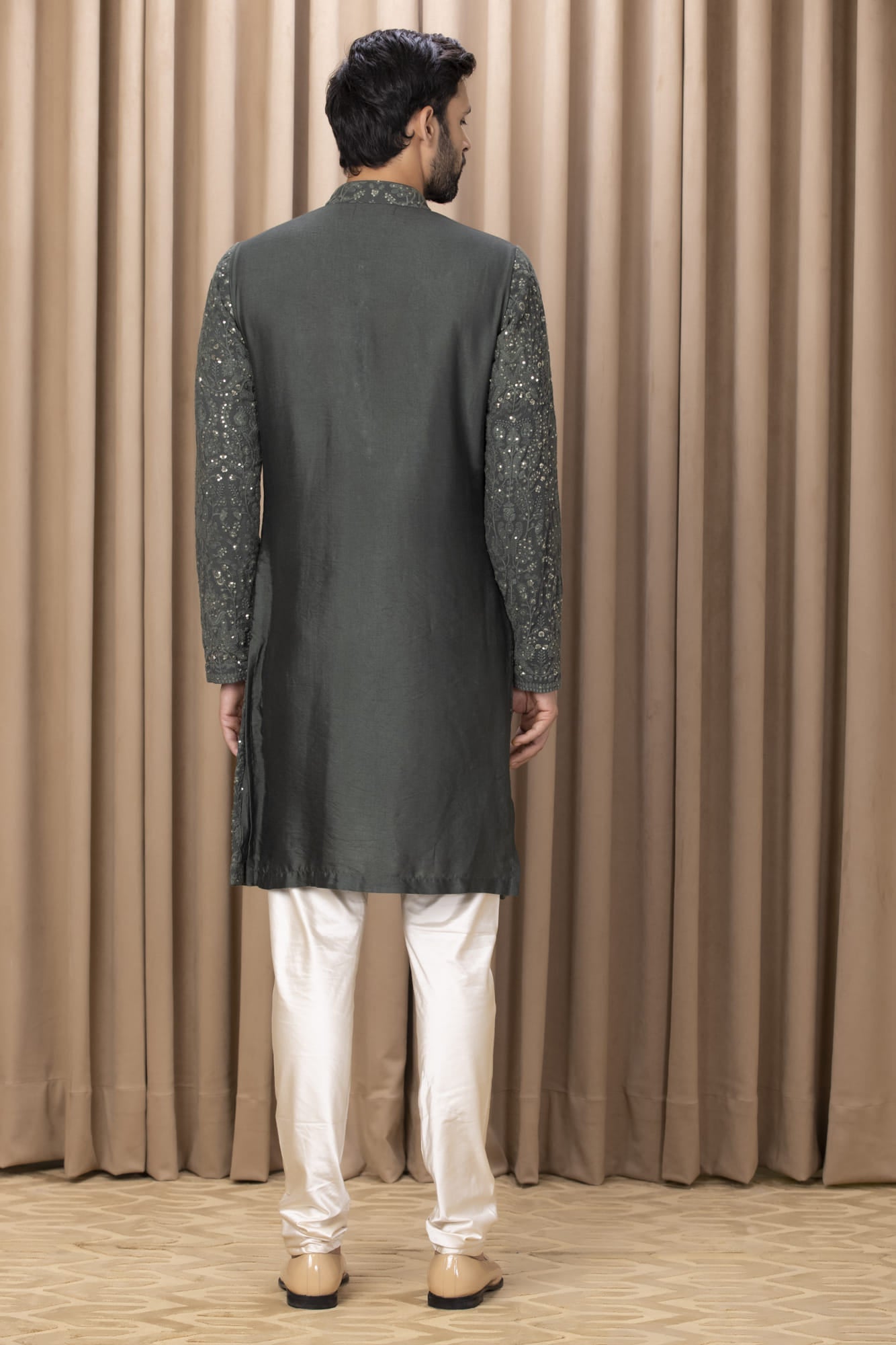 Mens Nasha Aftaab Olive Green Georgette Kurta Set