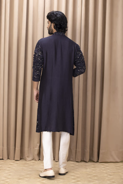 Mens Nasha Aftaab Navy Blue Georgette Kurta Set