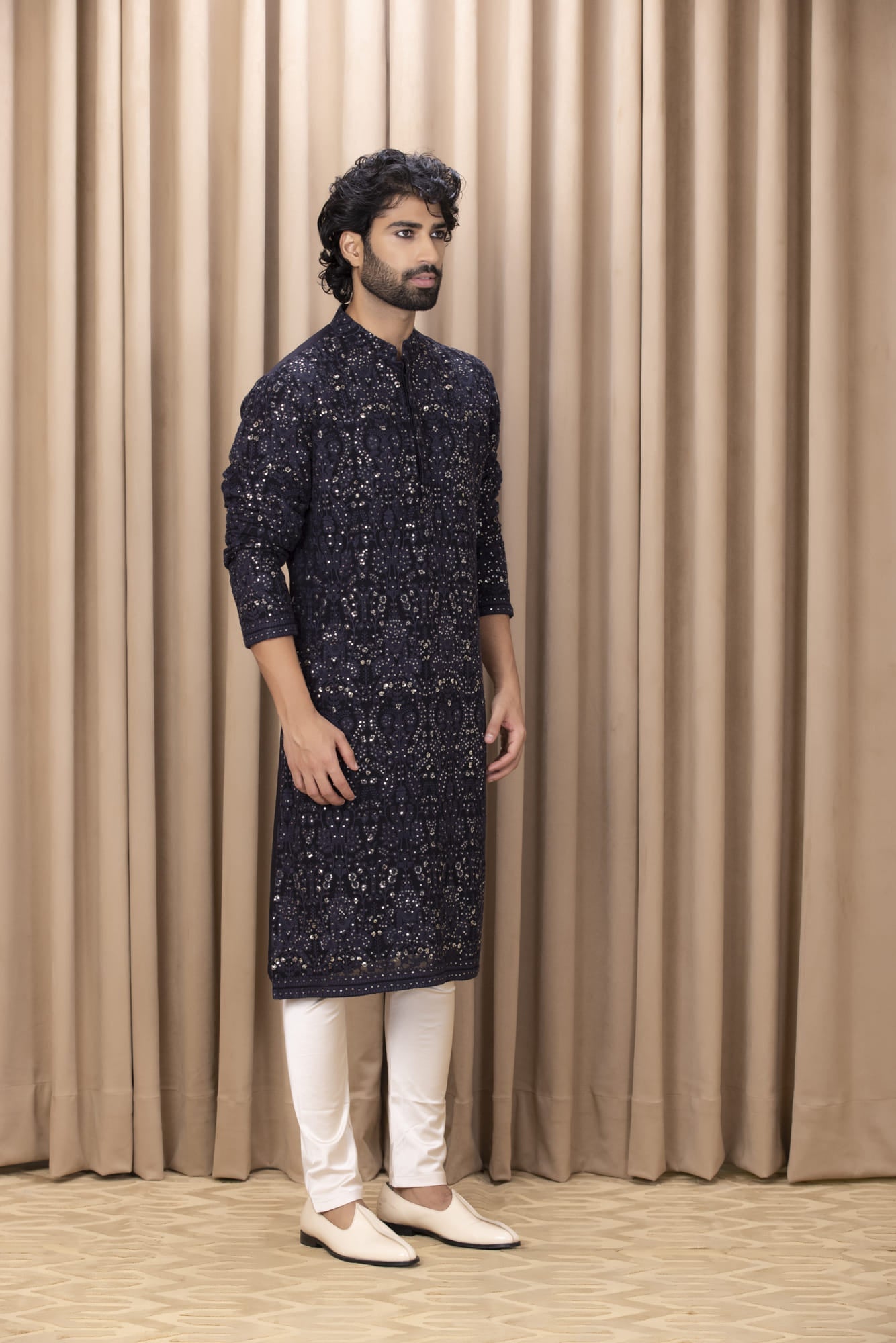 Mens Nasha Aftaab Navy Blue Georgette Kurta Set