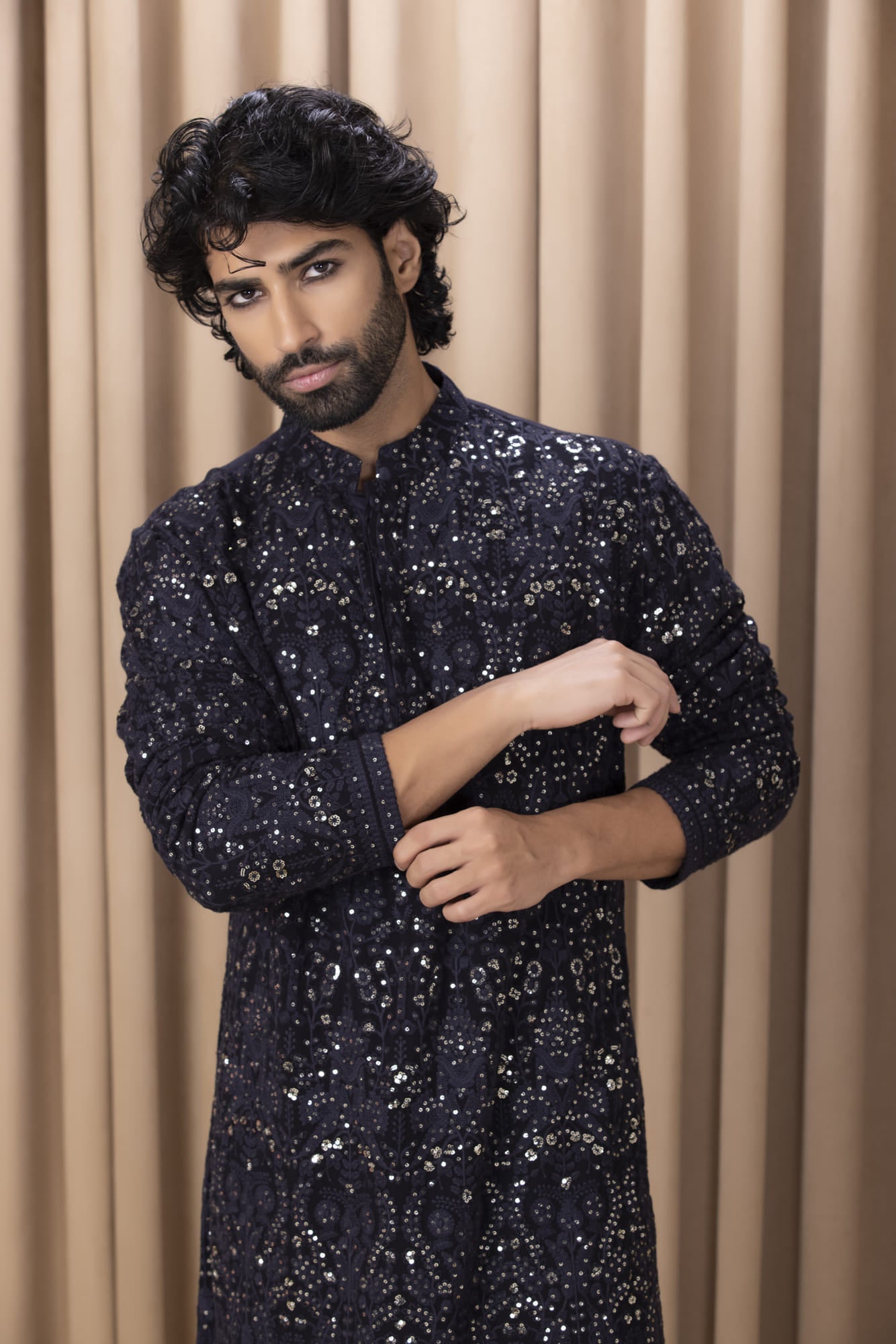 Mens Nasha Aftaab Navy Blue Georgette Kurta Set