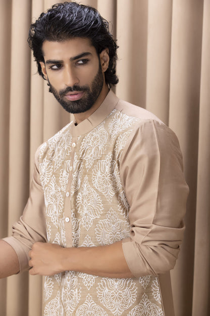 Mens Nasha Aaryan Beige Cotton Kurta Set