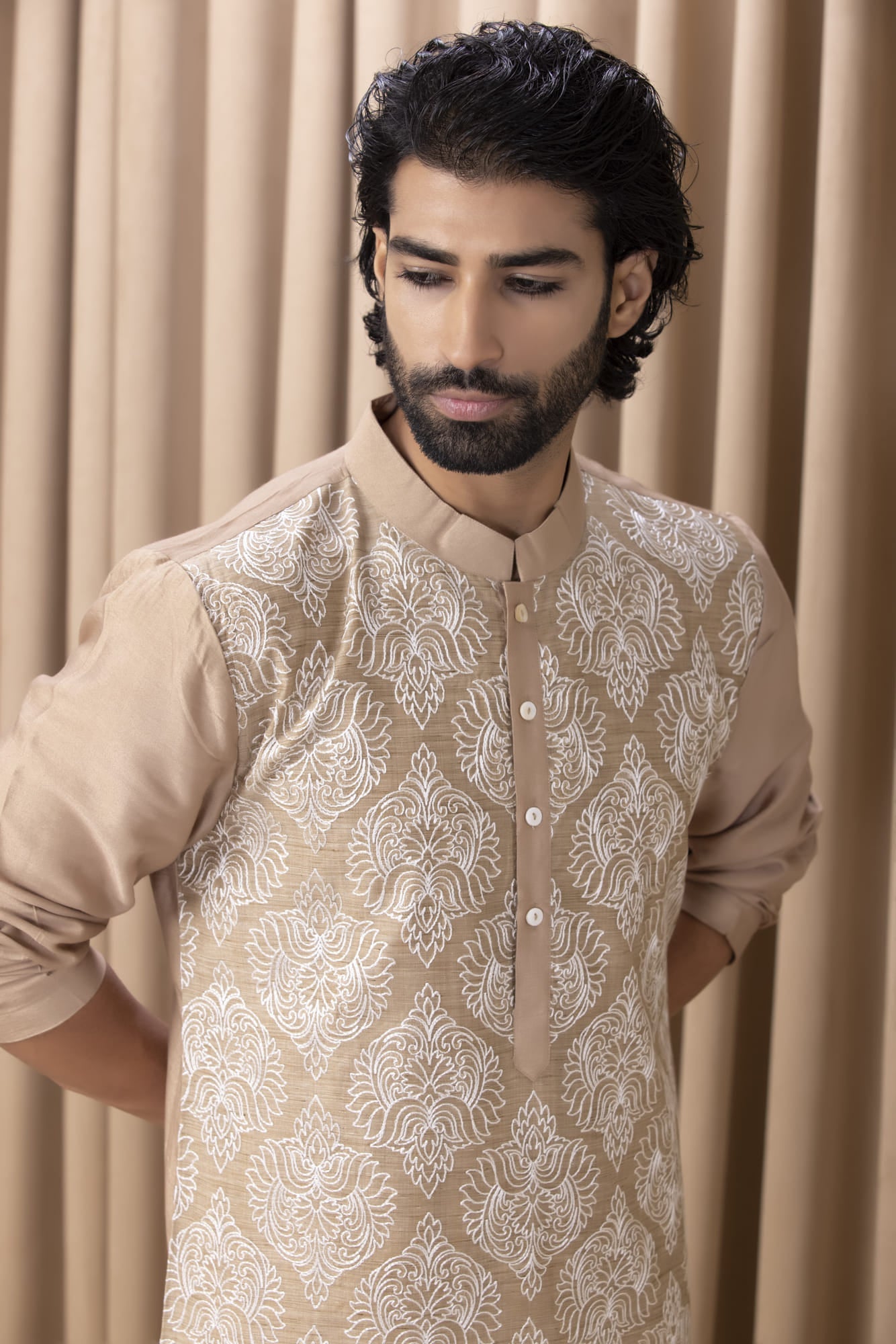 Mens Nasha Aaryan Beige Cotton Kurta Set