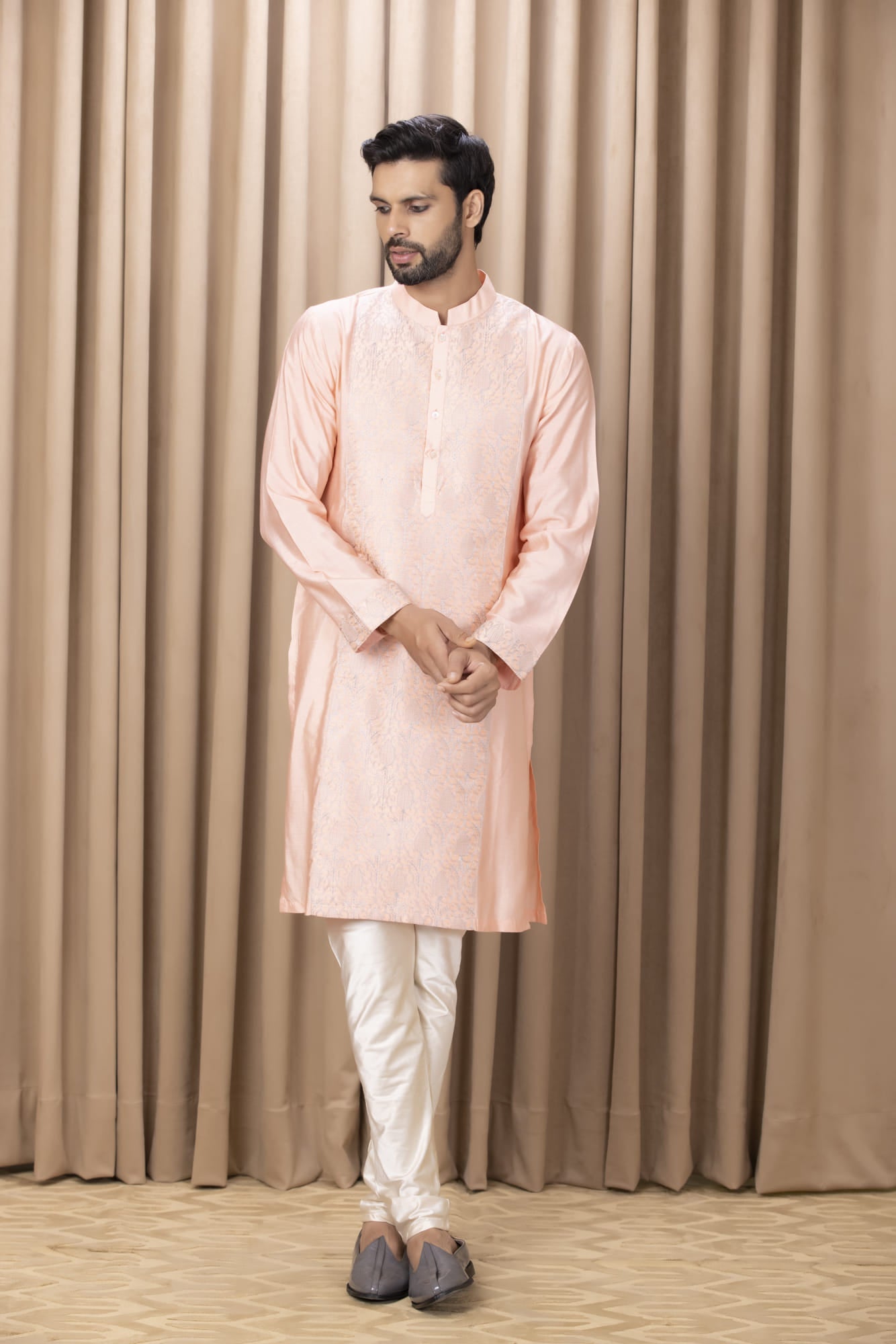 Man Wearing Peach Kurta Set