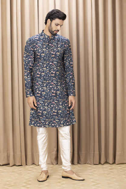 Mens Nasha Amaani Navy Blue Cotton Kurta Set