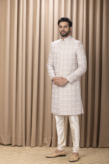 Men Wearing White Sherwani Set.