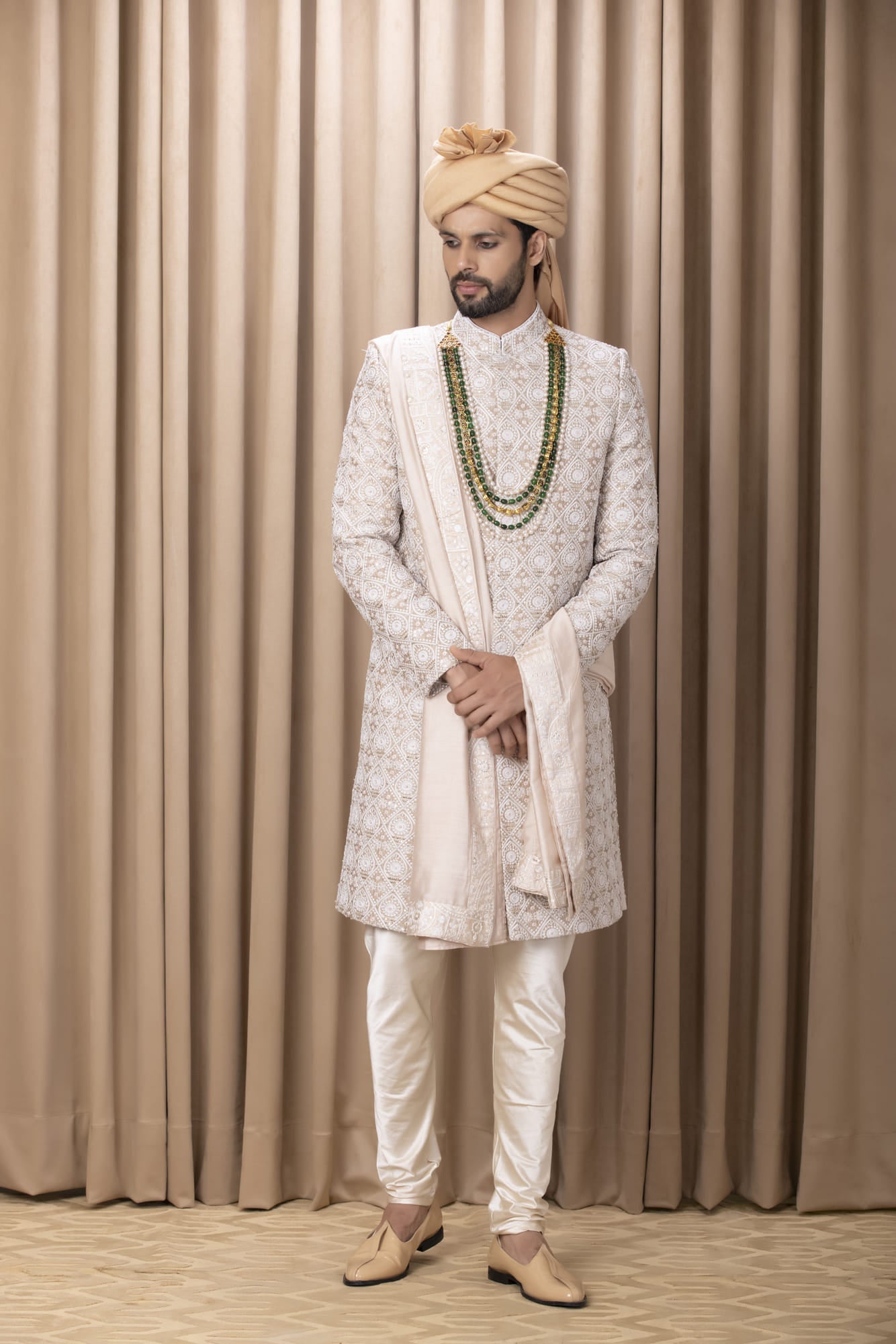 Mens Imran Beige Cotton Sherwani Set