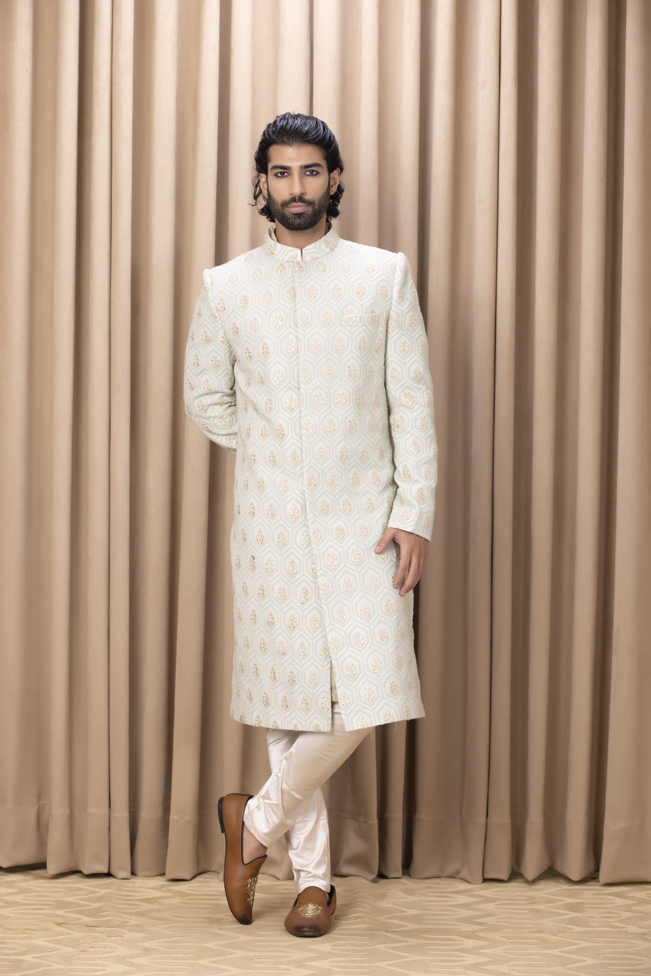 Men Wearing Green Sherwani Set.