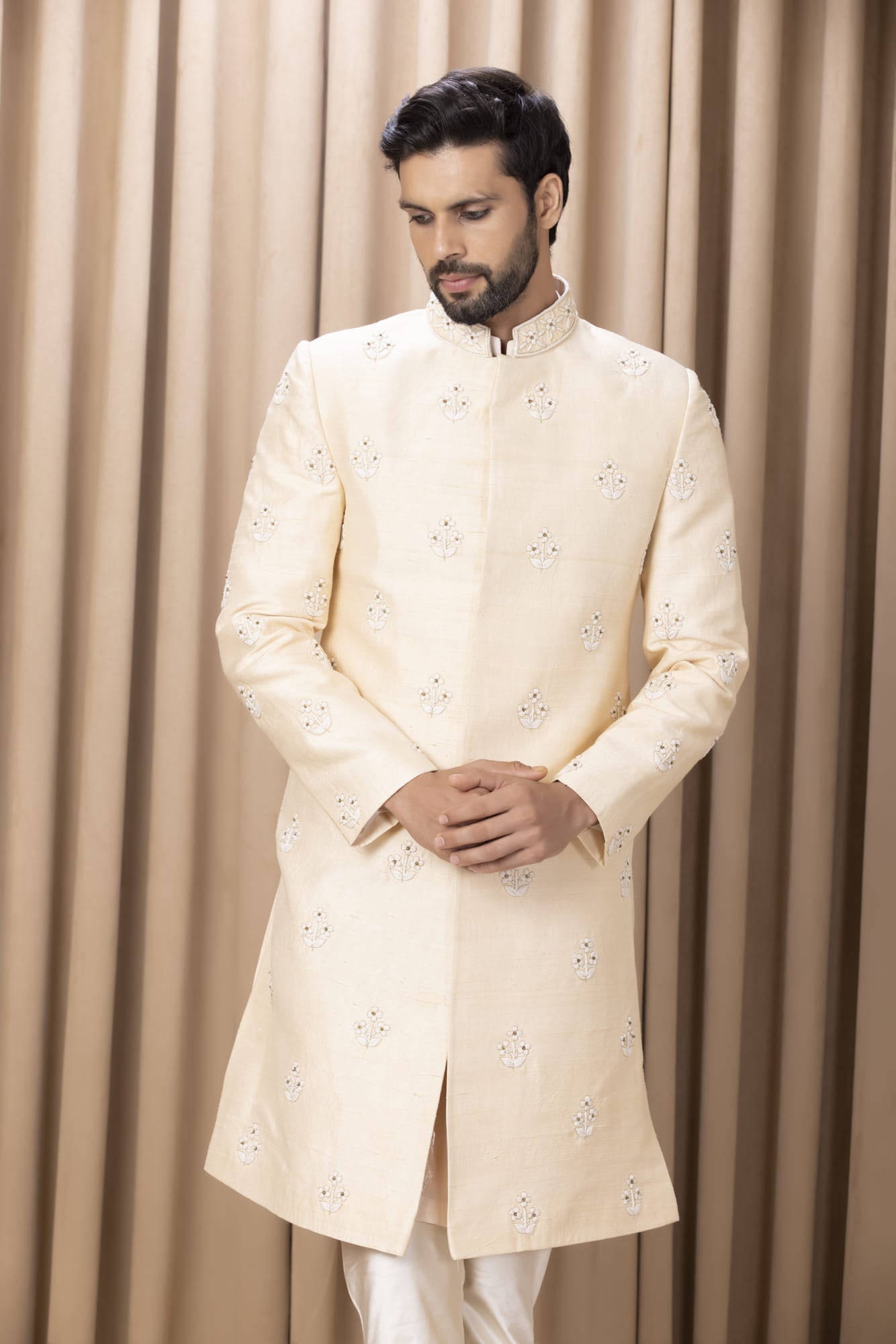 Men Wearing Pink Sherwani Set.