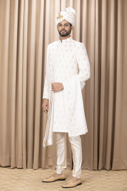 Men Wearing White Sherwani Set.