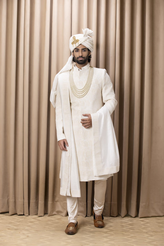 Men Wearing White Sherwani Set.