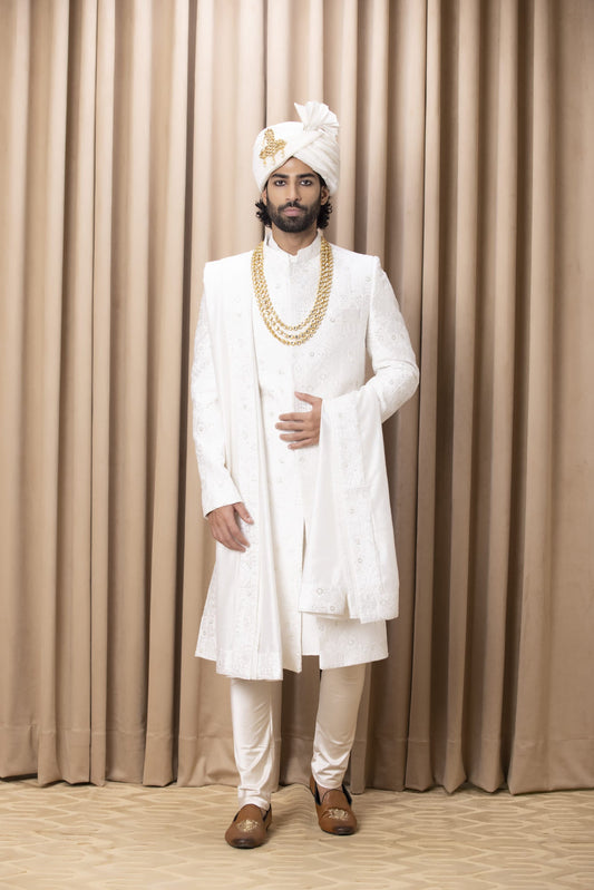 Men Wearing White Sherwani Set.