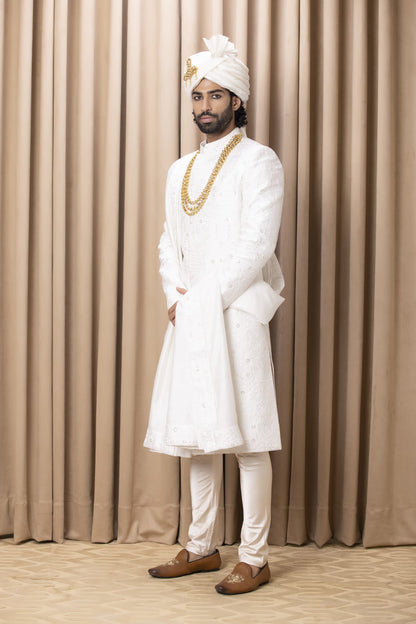 Mens Hasan White Cotton Sherwani Set