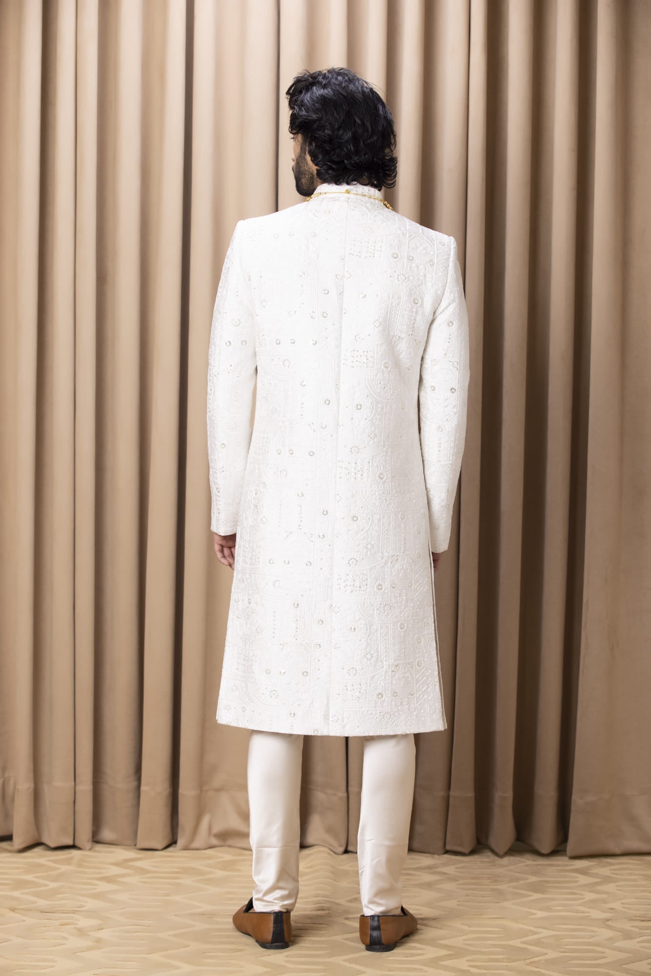 Men Wearing White Sherwani Set.