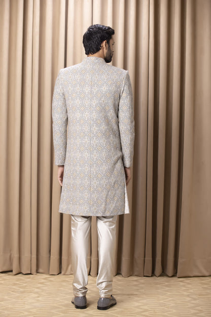 Men Wearing Grey Sherwani Set.