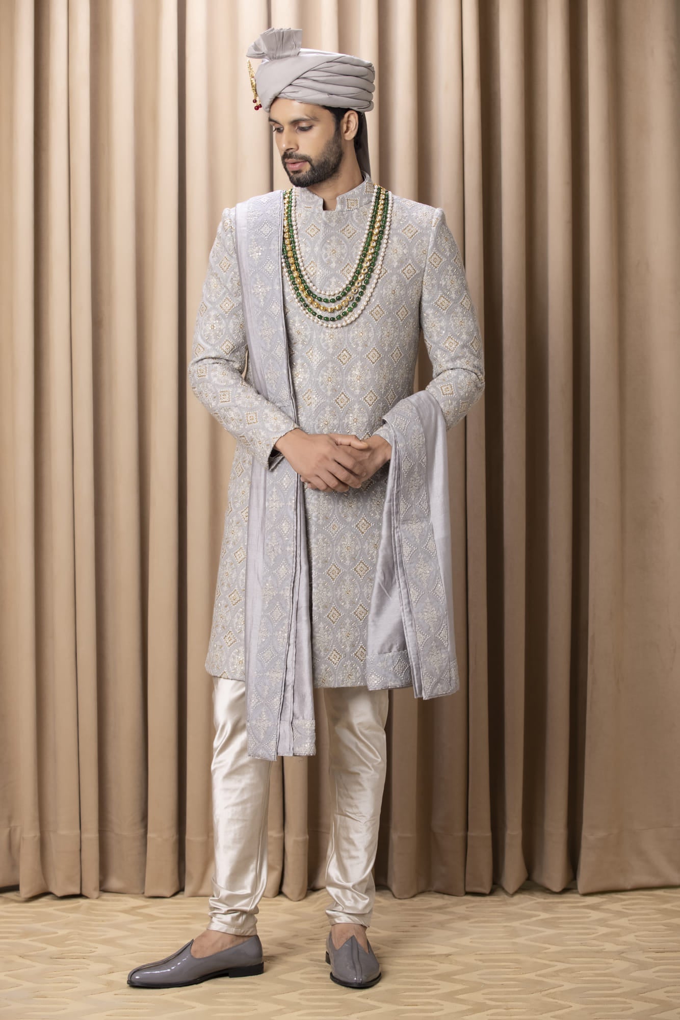 Men Wearing Grey Sherwani Set.