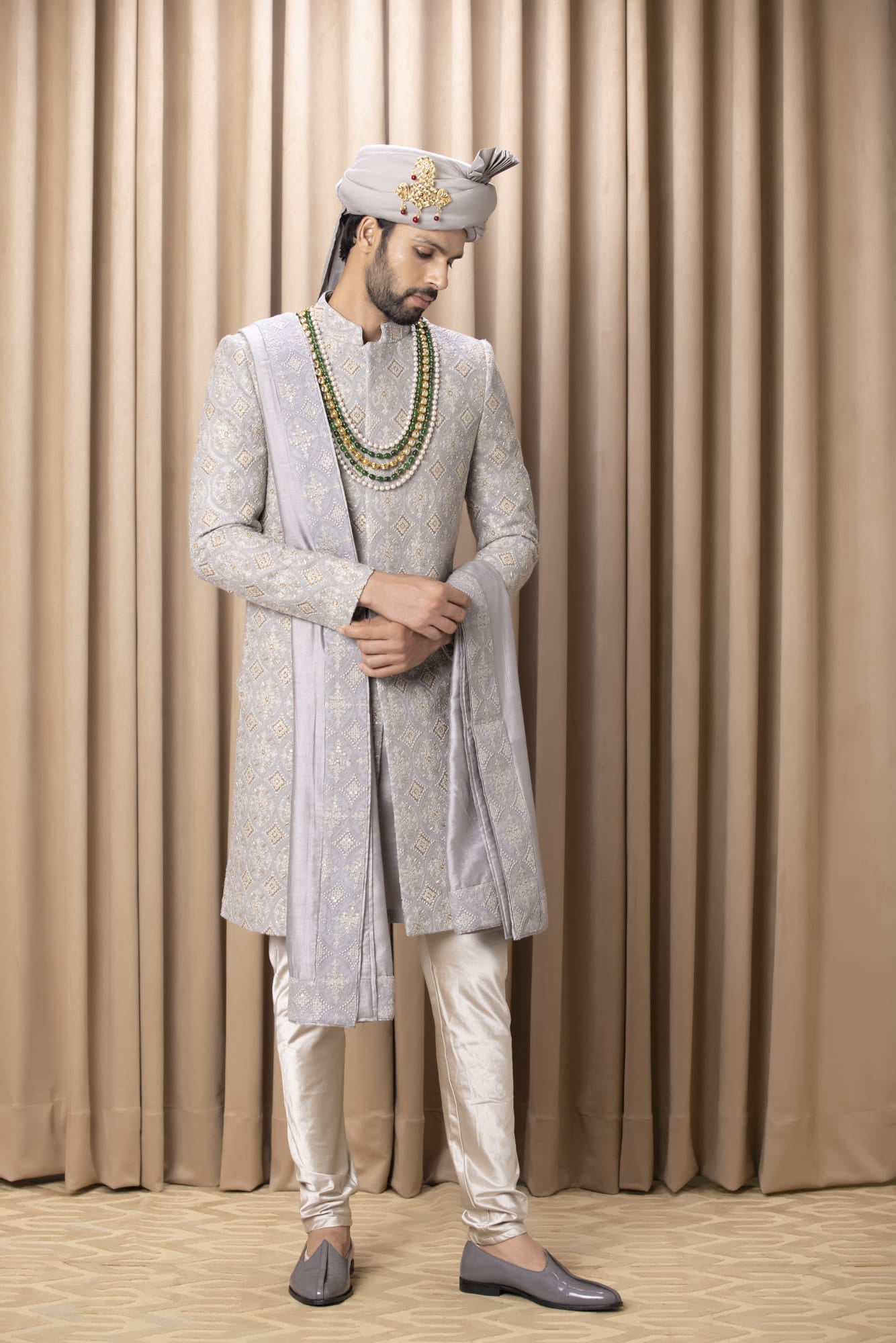 Mens Shah Grey Cotton Sherwani Set