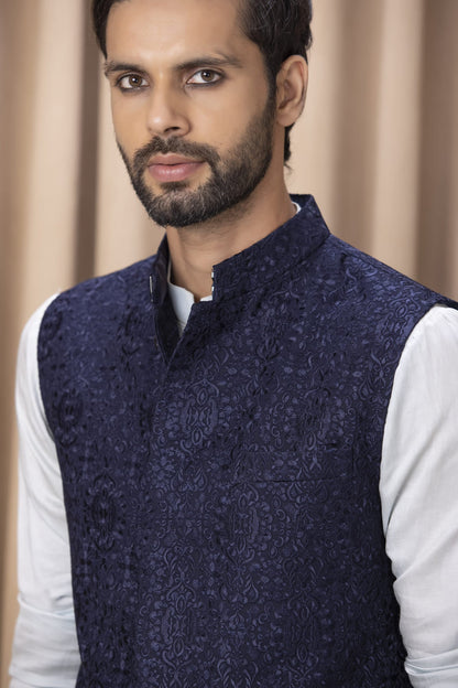 Mens Ameera Blue Georgette Nehru Jacket Set