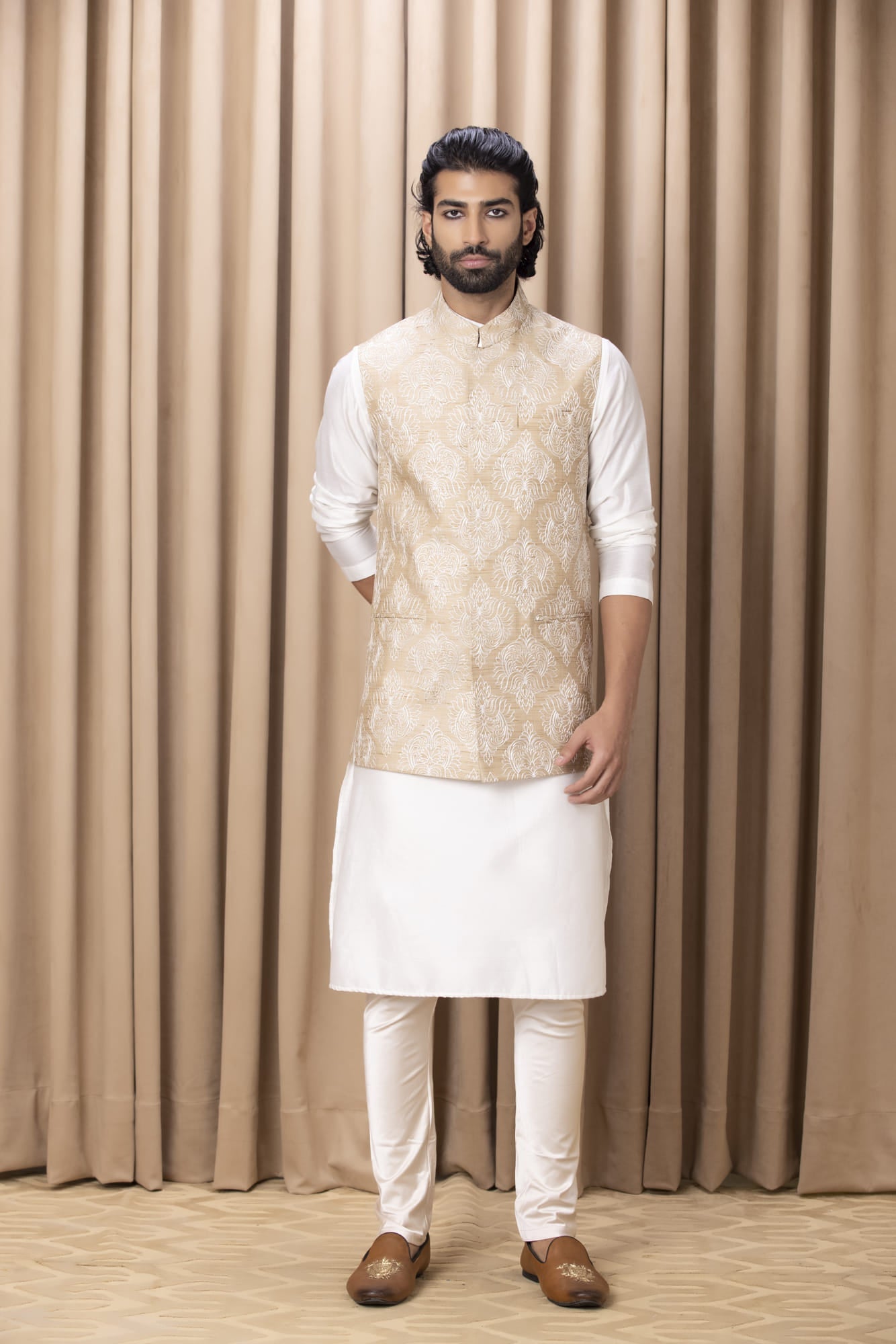 Mens Aaryan Beige Cotton Nehru Jacket Set