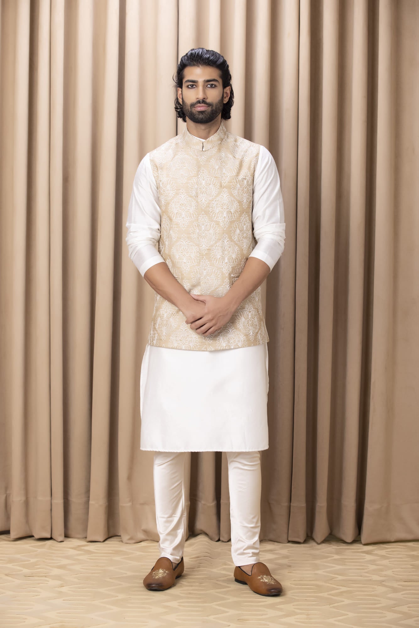 Mens Aaryan Beige Cotton Nehru Jacket