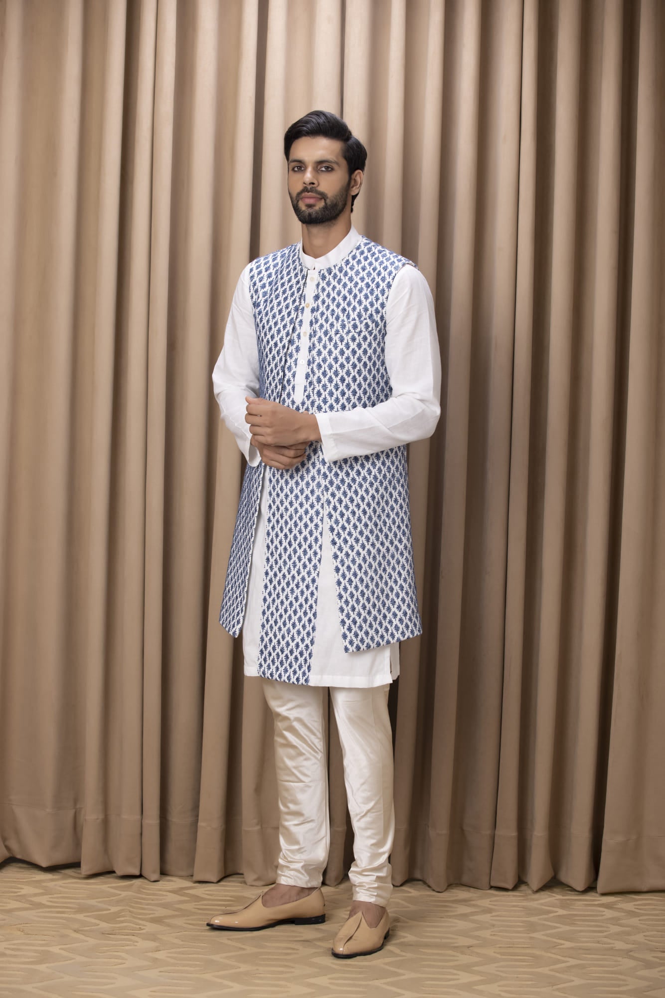 Mens Azaan Blue Cotton Nehru Jacket Set