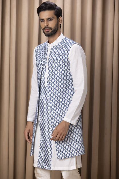 Mens Azaan Blue Cotton Nehru Jacket Set