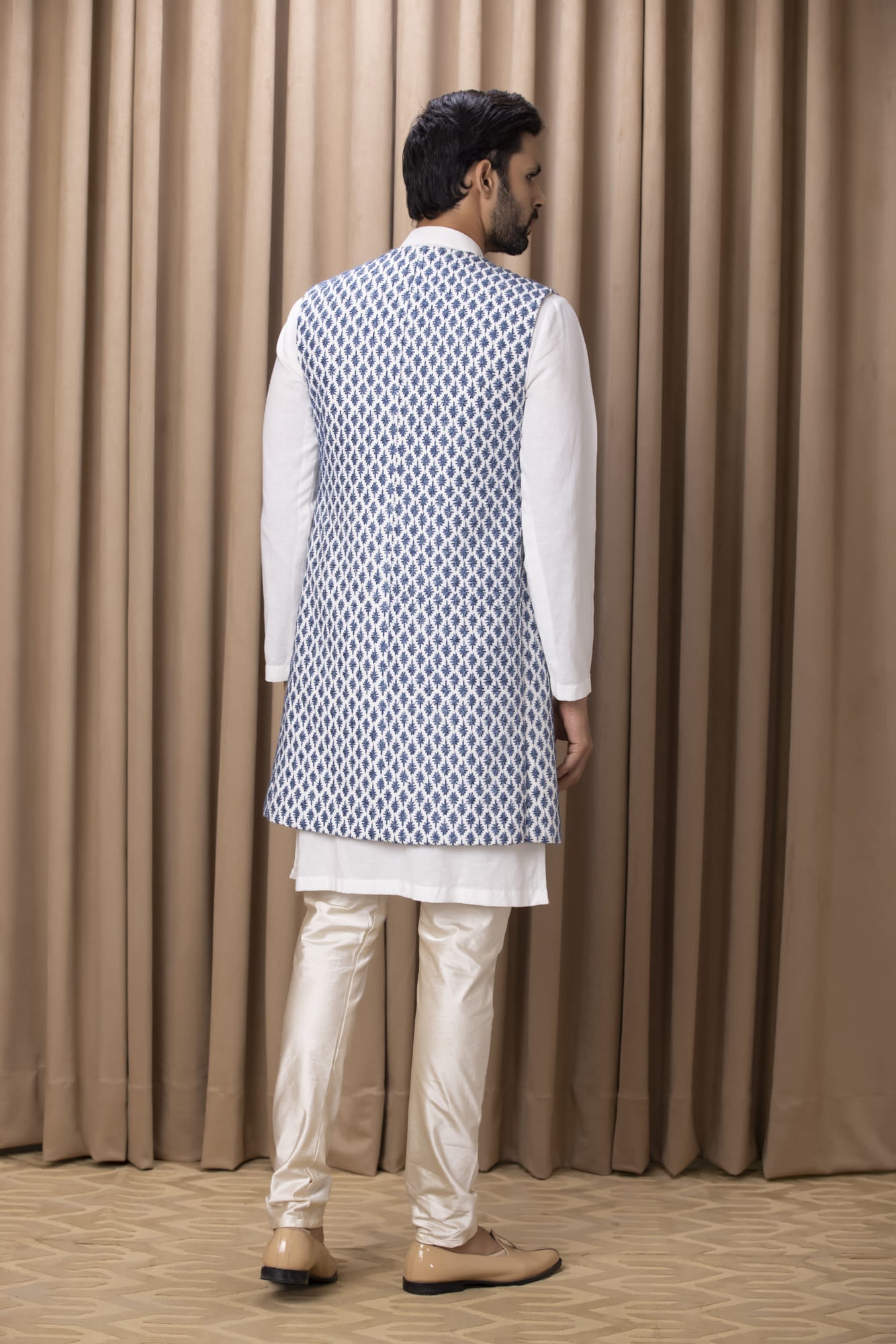 Mens Azaan Blue Cotton Nehru Jacket Set