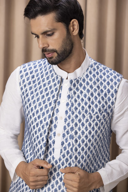 Mens Azaan Blue Cotton Nehru Jacket Set