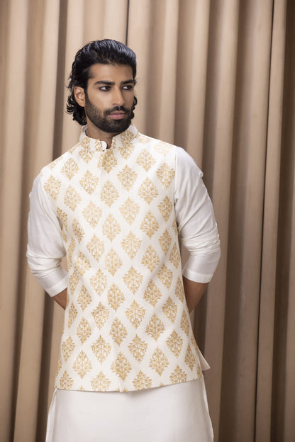 Mens Haider White Cotton Nehru Jacket Set