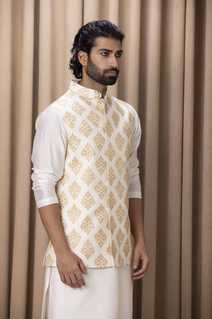 Mens Haider White Cotton Nehru Jacket Set