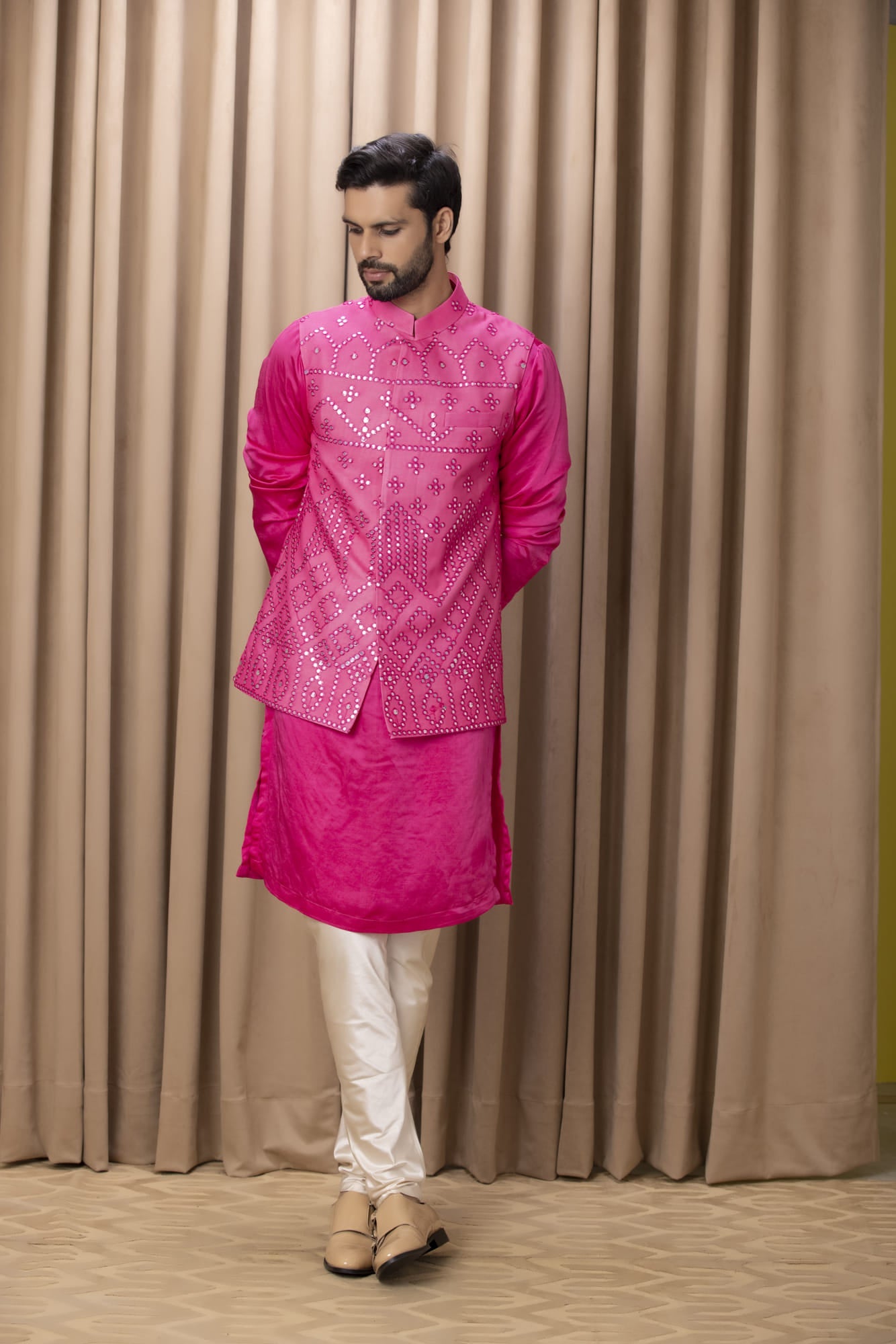 Mens Imran Pink Georgette Nehru Jacket Set