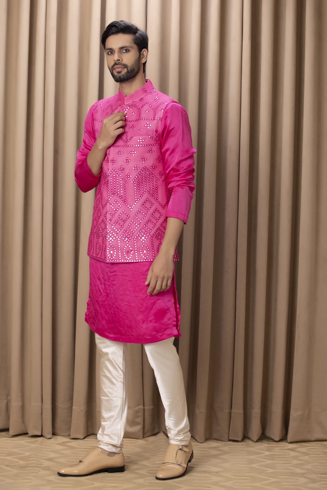 Mens Imran Pink Georgette Nehru Jacket Set